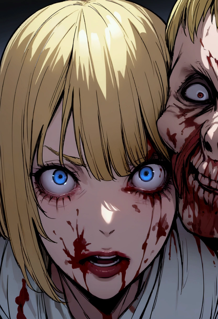 dark, horror, psycho, gore, creepy, blood, head split, disfigured, brutal, blood, bloody, violence, r18, insane, woman with a blonde bob and blue eyes