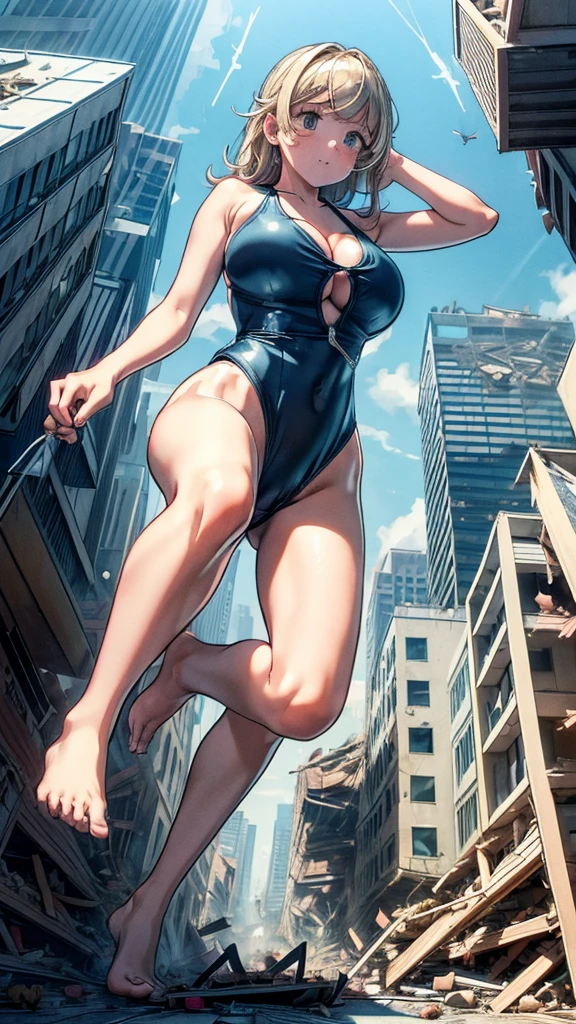 Analog illustration style ((((((A girl in a huge swimsuit is kicking a skyscraper on the street in a city destroyed by an earthquake))))))) ((A destroyed city engulfed in flames) )) ((Fire)) ((Destroyed building)) ((Destroyed car)) ((Pile of rubble)) 90's Giant ((Cloudy sky)) Full body of a huge female girl Destroyed skyscrapers, destroyed cars, crowds Unreal Engine, cleavage, cleavage, earrings, long hair, 1980s (style)