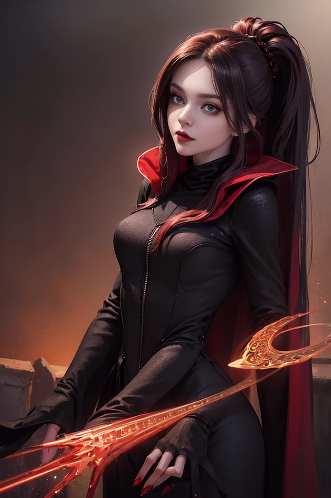 (skindentation:1.5), Realistic, Photorealistic, (masterpiece:1.5), concept art, intricate details, highly detailed, photorealistic, octane render, 8k, unreal engine, dynamic pose, best quality, highres, (realistic face:1.1), (hyperrealistic:1.1), (((upper body only))), perfect eyes,(shiny skin:1.2), (((hairstyle))), (((perfect handtremely detailed background), ((dynamic background)), ((1girl)), (((wearing black jumpsuit, dark red long wizard cape))), ((detailed eyes, high quality eyes, high quality face)), (extremely intricate cape), red long hair, ((two low ponytails)), dramatic, depth of field, bokeh, 4k, (((underworld))), (((black magic witch))), (((fierce eyes))), ((dark eye liners and eye shadow))