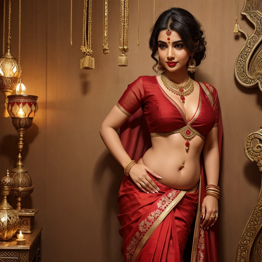 Full body picture, in MEHANDI HENNA TATTOO ON BOTH HANDS, both hands on wide waist,
Wide waist, fat belly, round deep navel, both hands have full of bangles, her big in sleevless red blouse, neck have full of necklace,
Bindi on forehead, red lipstick, round deep navel in center of belly, wide waist, wearing red saree