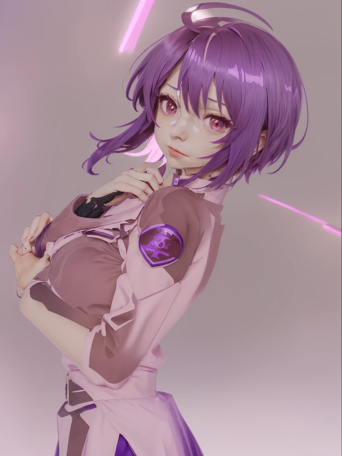 1girl, solo, short hair, ahoge, red hair, purple eyes, purple hair, pink skirt, military uniform