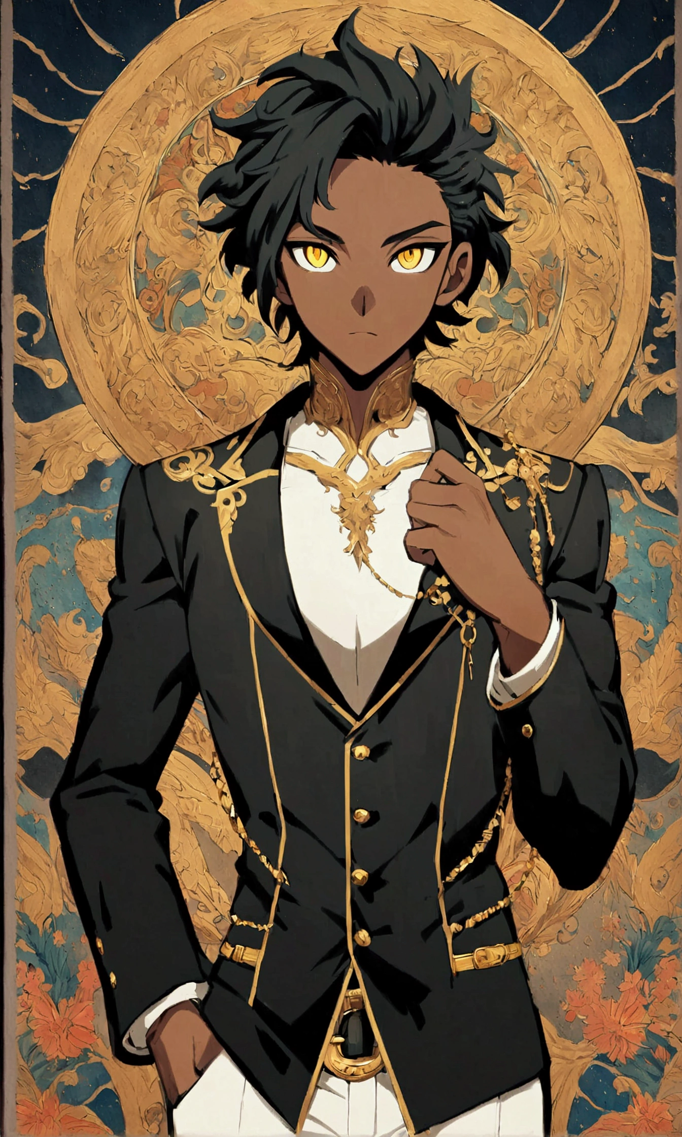 Dark-skinned young man, yellow eyes and black jacket, slickedback hair, not anime style, colourful drawing, unrealistic character concept, Portrait of my character concept, detailed portrait of the character, anime style character, anime style portrait, a character portrait, cel - shaded art style, His outfit consists of a black, unbuttoned blazer with gold buttons on the front of the blazer and at the bottom of the sleeves and he wears a white V-neck shirt, White pants, a large black belt with a gold buckle, a smaller black belt hanging from the side of the hip, and is wearing beige shoes with black buckles, inspirado por King of Fighte