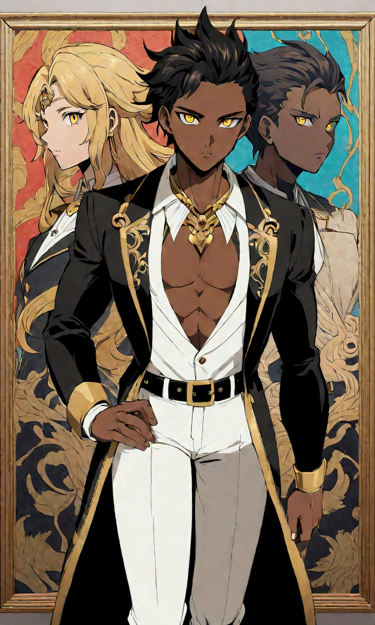 Dark-skinned young man, yellow eyes and black jacket, slickedback hair, not anime style, colourful drawing, unrealistic character concept, Portrait of my character concept, detailed portrait of the character, anime style character, anime style portrait, a character portrait, cel - shaded art style, His outfit consists of a black, unbuttoned blazer with gold buttons on the front of the blazer and at the bottom of the sleeves and he wears a white V-neck shirt, White pants, a large black belt with a gold buckle, a smaller black belt hanging from the side of the hip, and is wearing beige shoes with black buckles, inspirado por King of Fighte