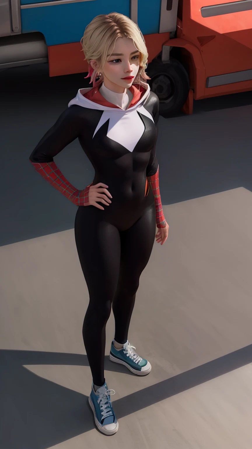 ((Full body photo, standing, on the floor))  Costum_AcrossSpiderVerse_GwenStacy_ownwaifu,blonde hair,short hair,blue eyes,eyebrow piercing,lips,freckles,blush,hair over one eye,multicolored hair,asymmetrical hair,two-tone hair,undercut,breasts,medium breasts,toned,makeup,red lips,mask removed,no mask,hooded bodysuit,spider web print,silk,white bodysuit,skin tight,superhero,animification,covered navel,