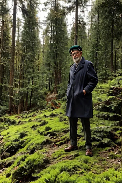 an elderly man, wearing thick-rimmed glasses and a wool beret, he is in a forest with big trees . he wears a big coat that looks...