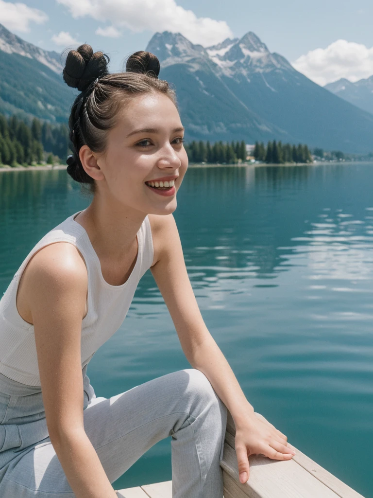 her name is Amelie, high quality, 1girl, ((25-year-old fit Caucasian woman)), ((25 years old)), ((BODY TYPE: HOURGLASS)), ((Space Buns HAIR)), SMILING, pose: SEXY POSE, wearing IN DEMAND FANCY Generation-Z modern wear VARIETY colored, BACKGROUND:"Cruising on the serene lake surrounded by towering mountains and charming Swiss villages."