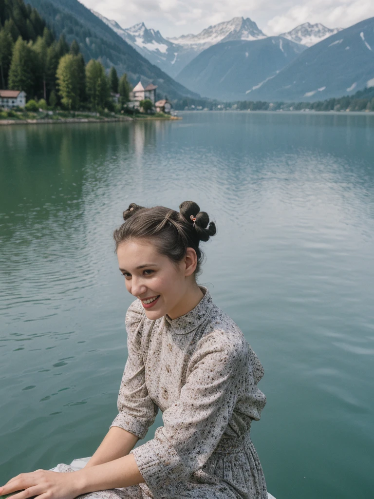 her name is Amelie, high quality, 1girl, ((25-year-old fit Caucasian woman)), ((25 years old)), ((BODY TYPE: HOURGLASS)), ((Space Buns HAIR)), SMILING, pose: SEXY POSE, wearing IN DEMAND FANCY Generation-Z modern wear VARIETY colored, BACKGROUND:"Cruising on the serene lake surrounded by towering mountains and charming Swiss villages."