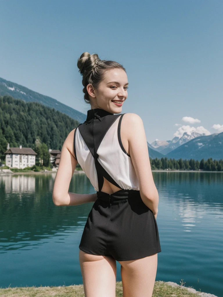 her name is Amelie, high quality, 1girl, ((25-year-old fit Caucasian woman)), ((25 years old)), ((BODY TYPE: HOURGLASS)), ((Space Buns HAIR)), SMILING, pose: SEXY POSE, wearing IN DEMAND FANCY Generation-Z modern wear VARIETY colored, BACKGROUND:"Cruising on the serene lake surrounded by towering mountains and charming Swiss villages."