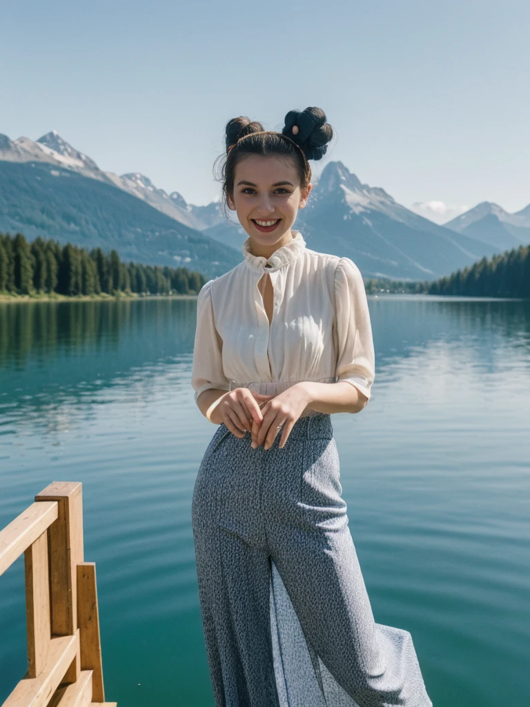 her name is Amelie, high quality, 1girl, ((25-year-old fit Caucasian woman)), ((25 years old)), ((BODY TYPE: HOURGLASS)), ((Space Buns HAIR)), SMILING, pose: SEXY POSE, wearing IN DEMAND FANCY Generation-Z modern wear VARIETY colored, BACKGROUND:"Cruising on the serene lake surrounded by towering mountains and charming Swiss villages."
