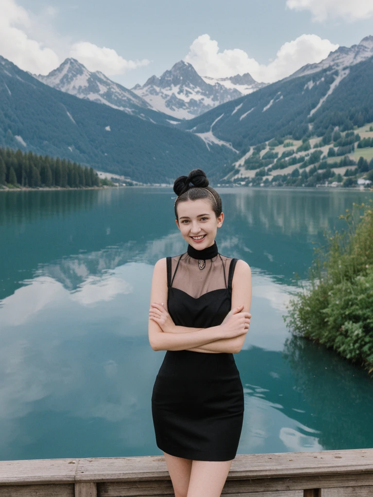 her name is Amelie, high quality, 1girl, ((25-year-old fit Caucasian woman)), ((25 years old)), ((BODY TYPE: HOURGLASS)), ((Space Buns HAIR)), SMILING, pose: SEXY POSE, wearing IN DEMAND FANCY Generation-Z modern wear VARIETY colored, BACKGROUND:"Cruising on the serene lake surrounded by towering mountains and charming Swiss villages."