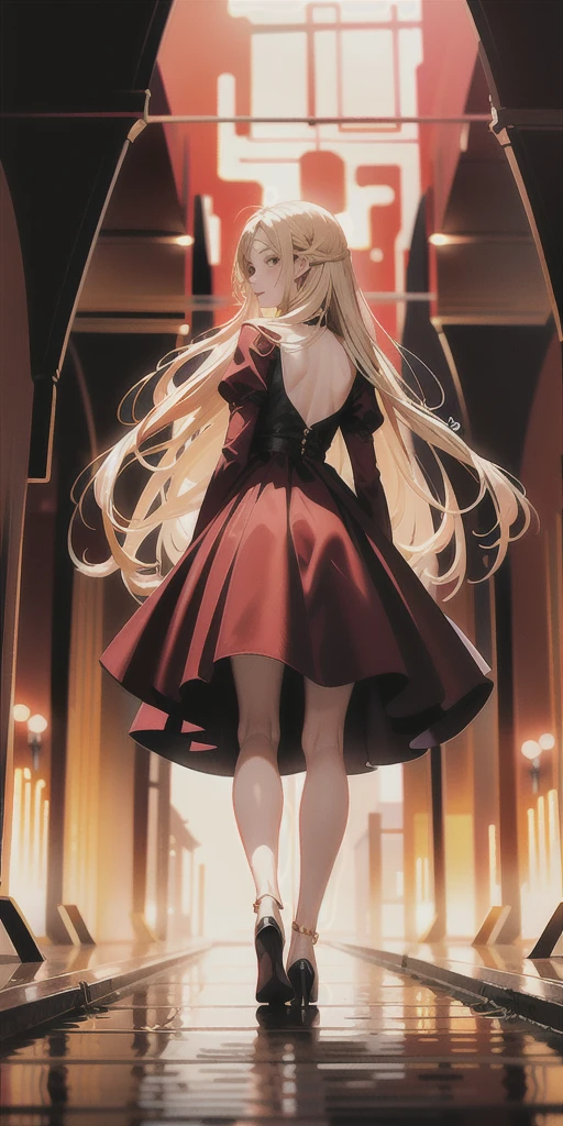 Highest quality, masterpiece, High resolution, One girl,She is wearing a pale red dress that reaches to her ankles.,Ash gold hair々It is shining now,Hair down to the knees,He walks towards the back without looking back.,whole body,In a dark tunnel,The back is faintly shining