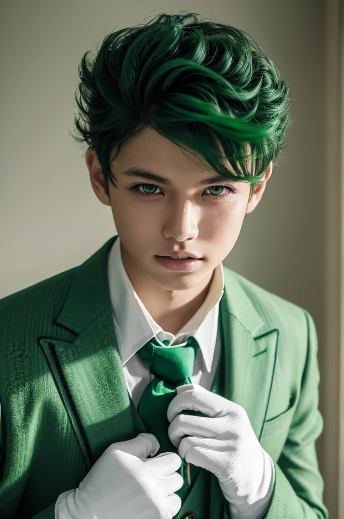 (masterpiece, Highest quality:1.2), Cowboy Shot, alone, Male Focus, One boy, miisoriya izuku, \:is, View your viewers, teeth, Short green hair, Green Eyes, green boisysuit, White gloves