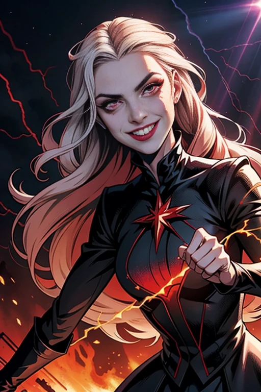 1 girl, flying hair, Eyes red, fire witch, blood in The face, light particles, lightning rays, wall-paper, colorfully, hight contrast, vampyre, pretentious smile, Evil smile, psychopathic pretentious smile, psychopath smile, head tilted