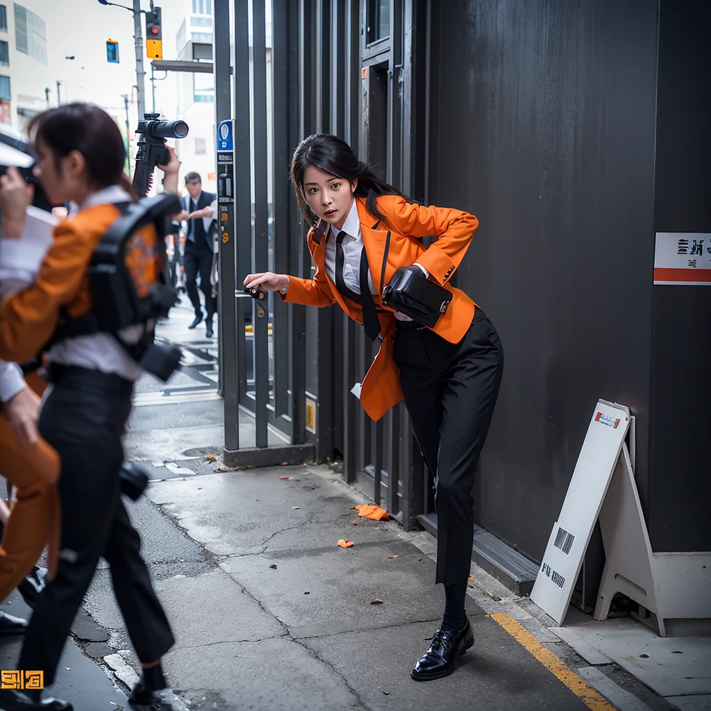 Woman wearing formal attire, orange jacket and pants, white shirt, black necktie, sprinting, being chased, persecution, building, corridor, stalkers shooting, gunfire, Action