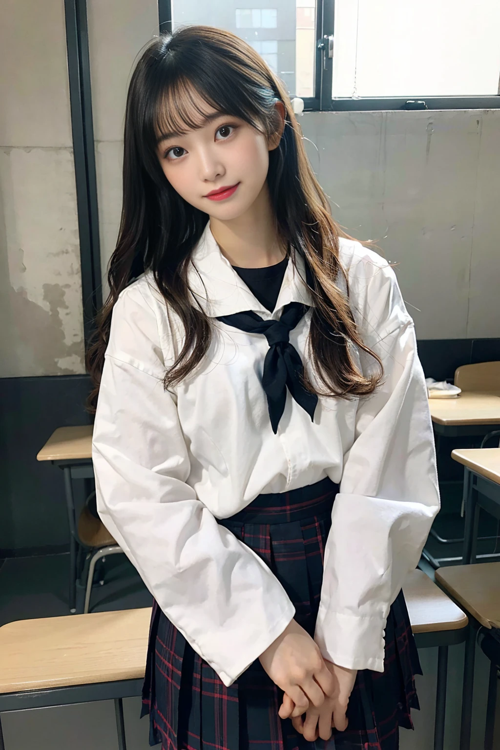 Create an image of a cute Japanese woman with a seductive smile wearing a traditional school uniform。She is wearing a traditional Japanese school uniform consisting of a sailor top and pleated skirt.、like々It emphasizes the beauty and charm of。The hair is neatly styled、Should I wear a side ponytail?、It is lowered with a natural shine.。The background is a softly blurred classroom、The warm lighting really brings out her features.。The makeup is subtle but perfect、Particular emphasis is placed on the eyes and lips to bring out her charm.。Confident、She has a slightly playful look on her face.、It exudes charm and vibrancy。It fits her body perfectly、While still maintaining a classic and attractive schoolgirl look.、Make sure it complements her style。