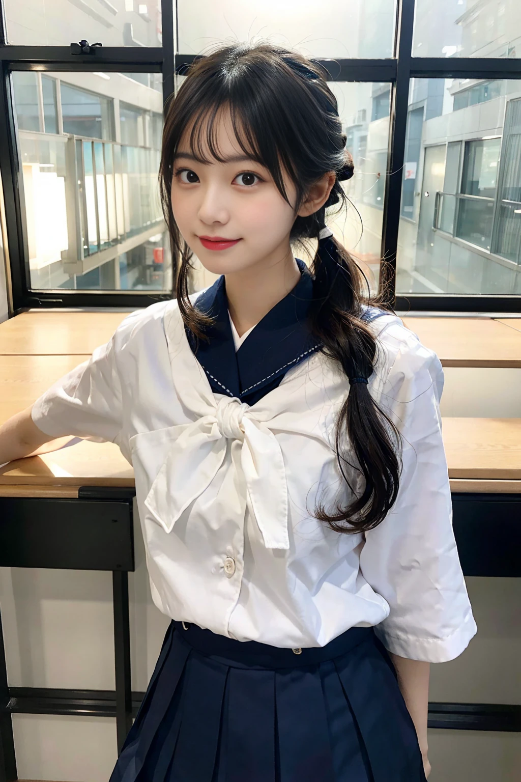 Create an image of a cute Japanese woman with a seductive smile wearing a traditional school uniform。She is wearing a traditional Japanese school uniform consisting of a sailor top and pleated skirt.、like々It emphasizes the beauty and charm of。The hair is neatly styled、Should I wear a side ponytail?、It is lowered with a natural shine.。The background is a softly blurred classroom、The warm lighting really brings out her features.。The makeup is subtle but perfect、Particular emphasis is placed on the eyes and lips to bring out her charm.。Confident、She has a slightly playful look on her face.、It exudes charm and vibrancy。It fits her body perfectly、While still maintaining a classic and attractive schoolgirl look.、Make sure it complements her style。