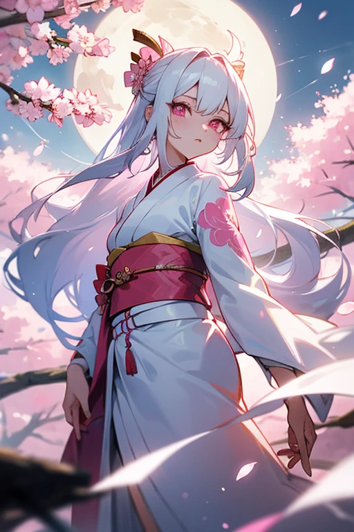 woman, long hair, white hair, pink eyes, wears a kimono, her kimono is white, on her top she does not wear a kimono, on her top she wears bandages, on her right arm she uses bracelets, scenery and a moon with cherry blossoms on it