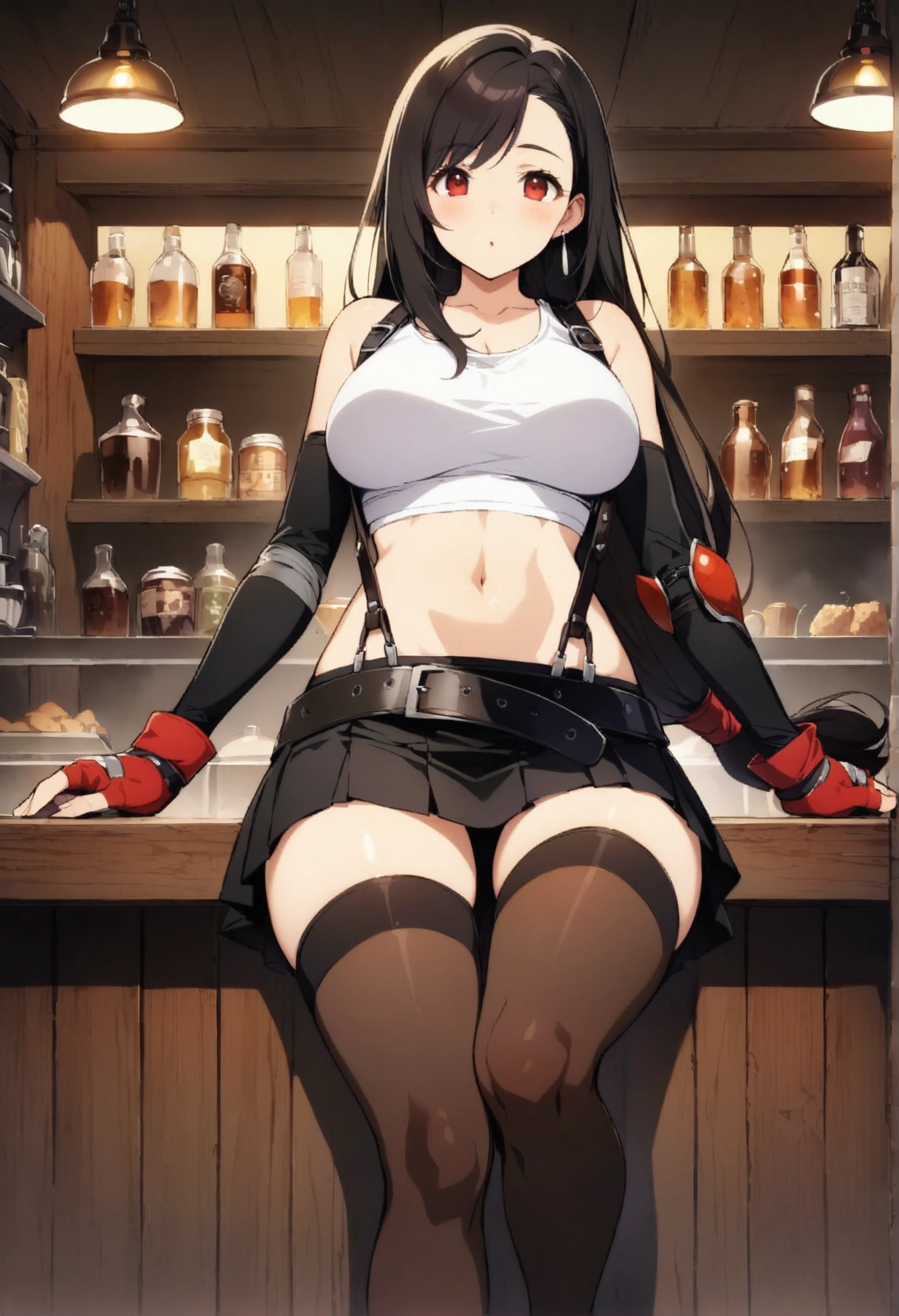 score_9, score_8_up, score_7_up,  (best quality), masterpiece,perfect anatomy,(aesthetic,very aesthetic),(official art,illustration,ultra-high resolution), 1girl, tifa lockhart, final fantasy,(beautiful woman).tareme, black hair, low-tied long hair, red eyes, bangs, white tank top,gap, belt, pleated skirt, thighhighs, elbow fingerless gloves, elbow pads, midriff, navel,suspender skirt.zettai ryouiki ,straight-on,(feet view),leg up,(large_breasts),Solo,mediumshot,looking_at_viewer,,,sitting,cafe and bar, ,Framin,(Composition),