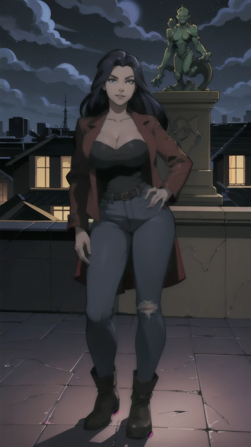 ((Full body photo, standing, on the floor)) elisa_maza, (masterpiece:1.4),(best quality:1.4),(highres:1.4),absurdres, intricate details,(highly detailed skin:1.2), 1girl, solo, red jacket, jeans,black boots, smile, large breasts, cleavage,
(movie composition), amazing composition, depth of field, indirect lighting, ambient lighting, (random colors), (dynamic colors), (dynamic weather), upper body,
outdoors, night, night_sky, rooftop, gargoyle statue,