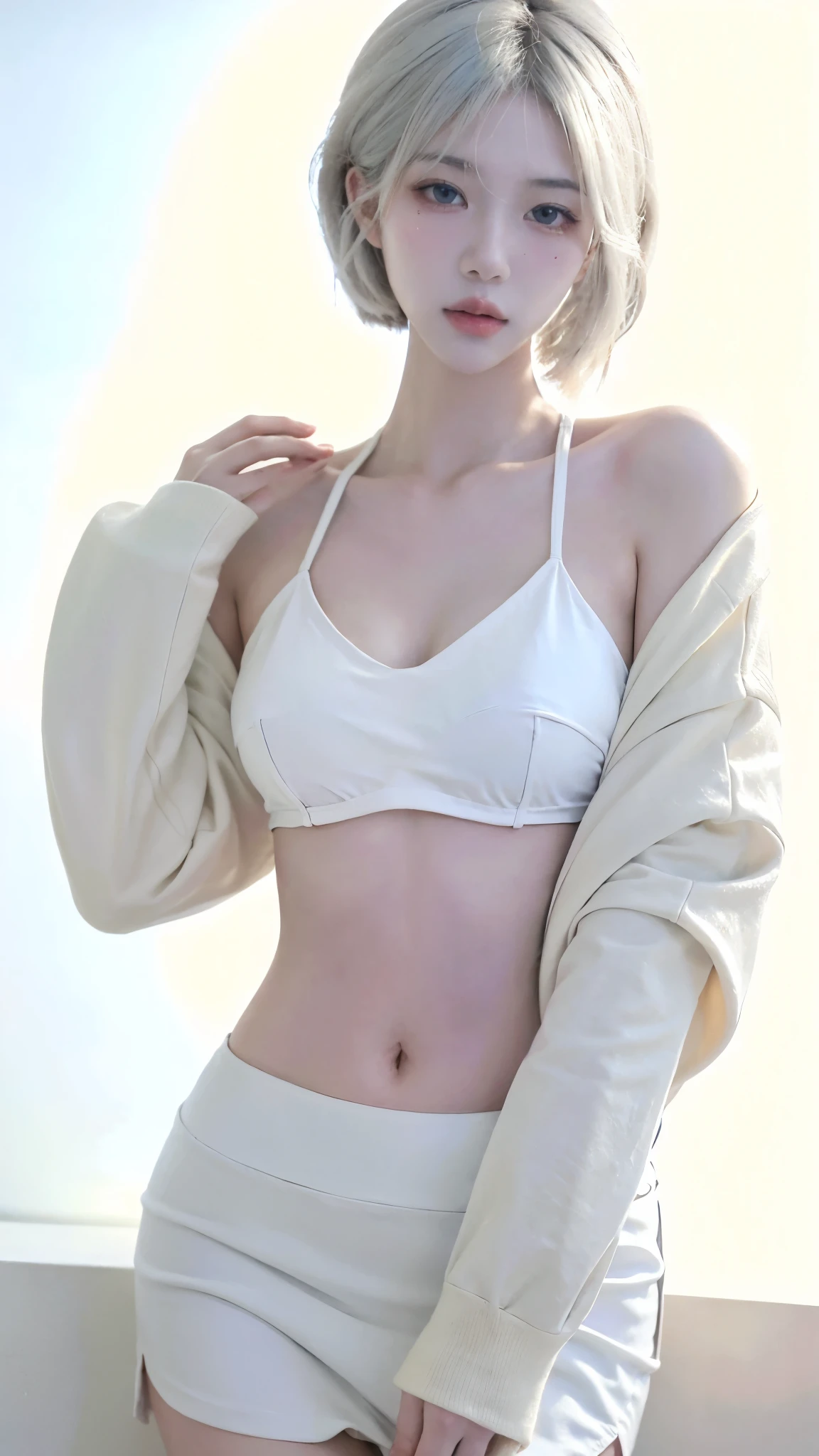 Beautiful woman with perfect figure:1.4,Ultra-high resolution,White background,(lifelike:1.4),Layered Hairstyle,White skin,Bikini:1.5,Super short pleated skirt,whole body,Very delicate face and skin texture,Double eyelids,Skin Whitening,short hair,White hair