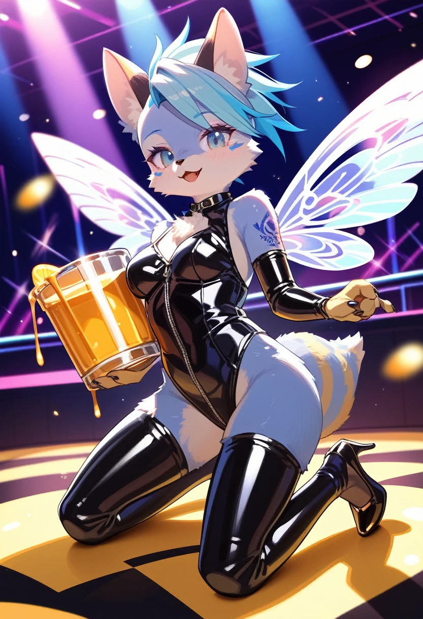 Highest quality, Highest quality, High quality illustrations, masterpiece, Ultra-high resolution, Detailed Background, club, Disco, Absurd, Perfect Anatomy, performance, Good lighting, Shadows in the movies(kemono, Furry Personifi猫ion), bee, Rubber Suit, Honey Latex, bee蜜のローション, neon, neonカラー, cyber punk, 蜜beeの衣装, 蜜beeコスプレ, ラバーの蜜beeの尻尾, Bee Wings, enamel, bee蜜のプール, bee蜜のローションを浴びている, bee蜜のスライムを纏っている, Kneeling, Tattoo, High heels, Dynamic Angle