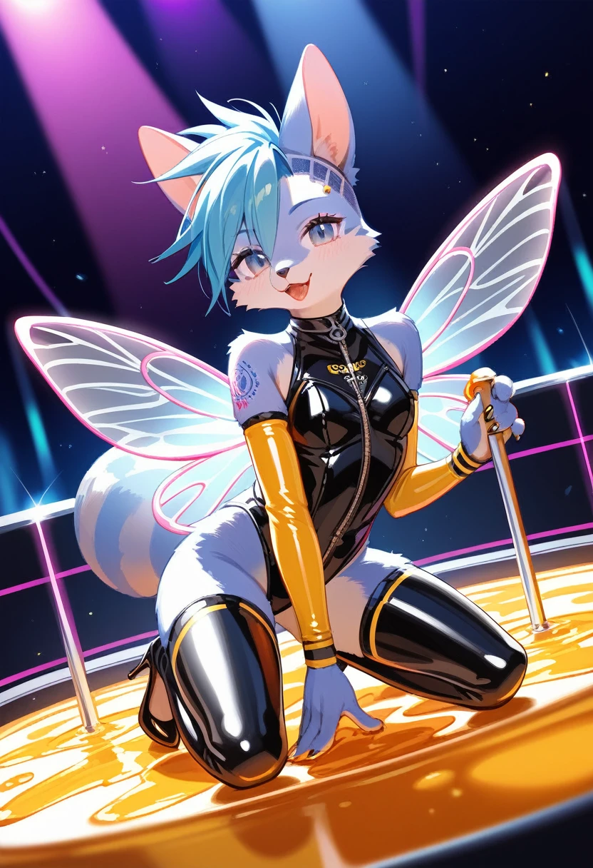 Highest quality, Highest quality, High quality illustrations, masterpiece, Ultra-high resolution, Detailed Background, club, Disco, Absurd, Perfect Anatomy, performance, Good lighting, Shadows in the movies(kemono, Furry Personifi猫ion), bee, Rubber Suit, Honey Latex, bee蜜のローション, neon, neonカラー, cyber punk, 蜜beeの衣装, 蜜beeコスプレ, ラバーの蜜beeの尻尾, Bee Wings, enamel, bee蜜のプール, bee蜜のローションを浴びている, bee蜜のスライムを纏っている, Kneeling, Tattoo, High heels, Dynamic Angle
