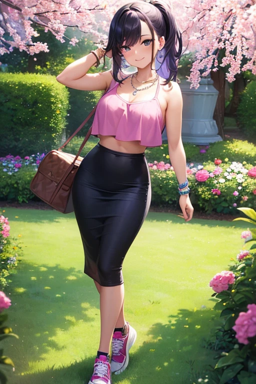 ((masterpiece, best quality, ultra-detailed)), 1girl, beautiful woman walking through a summer garden, smiling, wearing pink tank top, crop top, bracelet, necklace, black midi pencil skirt, sneakers, full body, purple hair