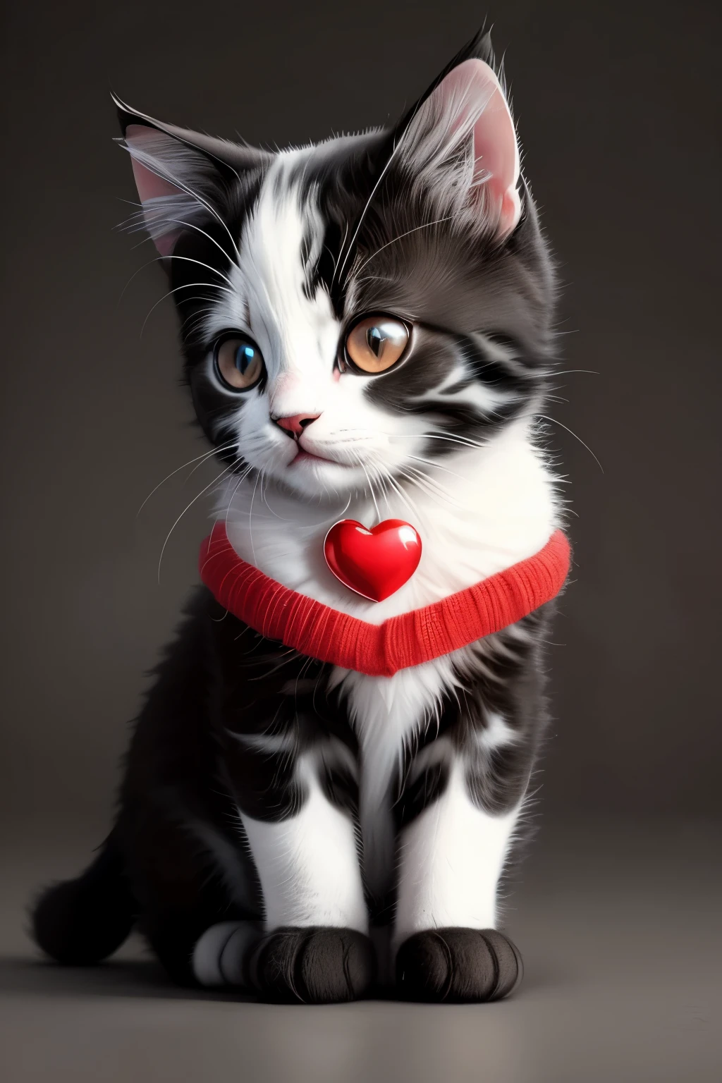 kitten, black and white, toy red heart