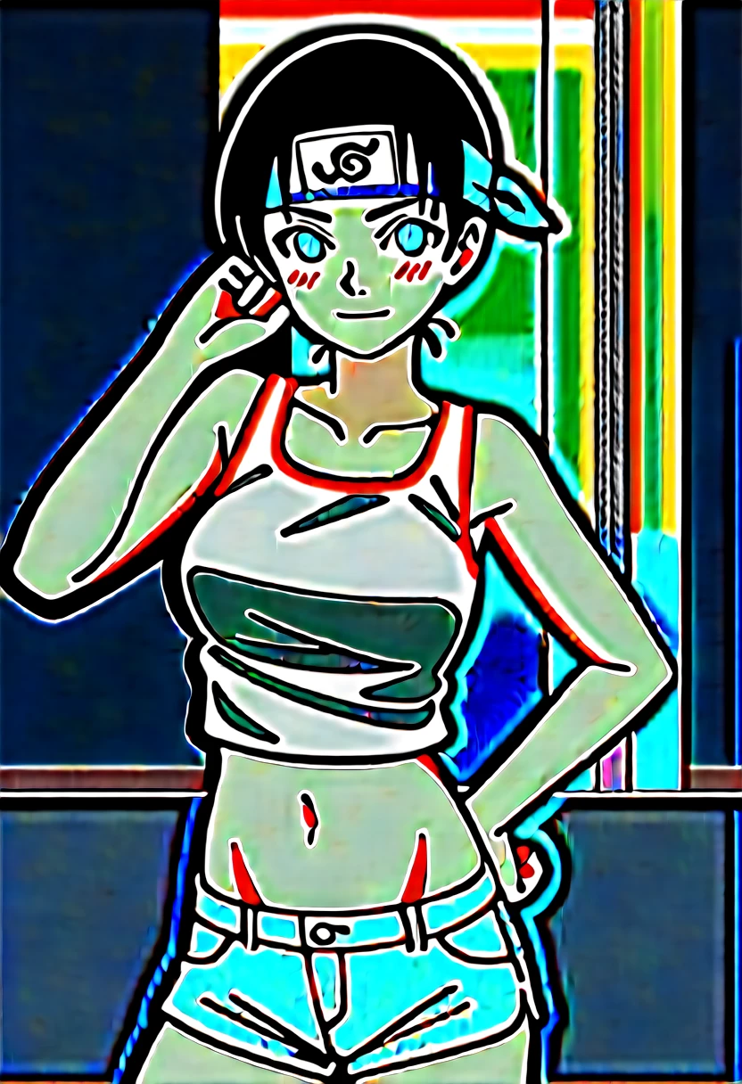 masterpiece, absurdres , (intricate details), (colorful),cinematic lighting,bust shot,extremely detailed CG unity 8k wallpaper,tenten\(shippuden\), 1girl, solo, ((tank top, denim shorts)), (large breasts), hand on hip, forehead protector, konohagakure symbol, headband,  looking at viewer, (village street), charming smile, ((slim waist)), ((blushing)), armpit, full body