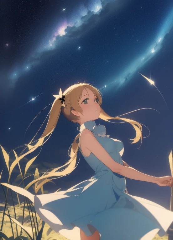 (masterpiece、Highest quality、Highest quality、Official Art、Beautiful and beautiful:1.2)、(One girl:1.3)Hatsune Miku、Twin tails,Beautiful breasts,Starry Sky、milky way、Tanabata、Orihime、Altair、Deneb、altair、Vega、Summer Great Triangle、Looking up at the night sky、grassland、shooting star、Bamboo leaf、Wish on a strip of paper、Night sky full of sky、Front angle