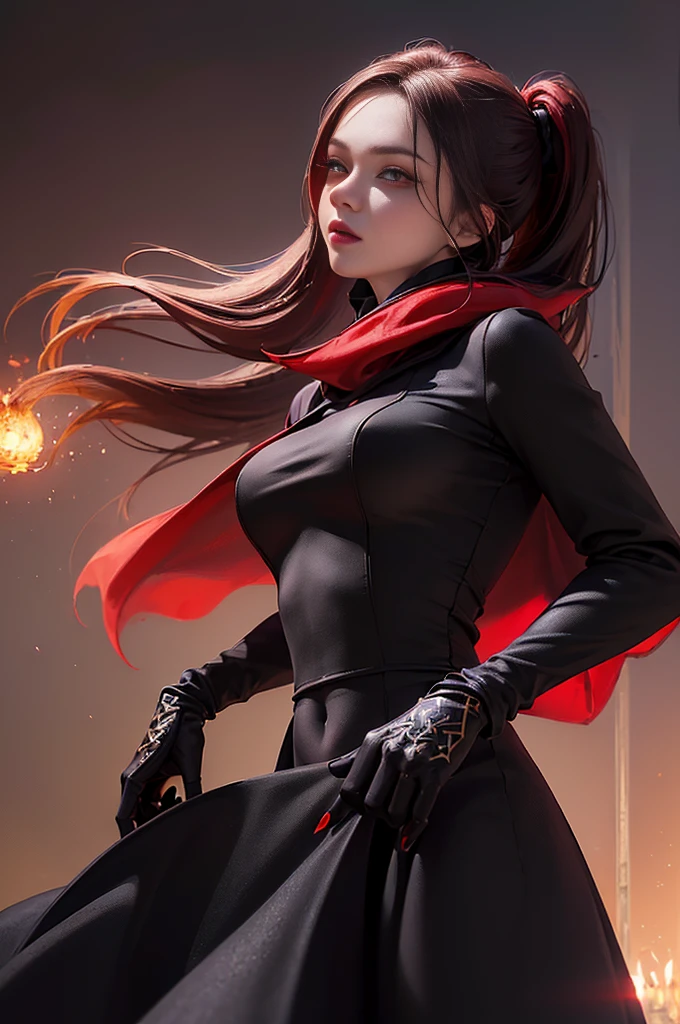 fullbody view, female, green eyes, black hair tied to a bun, strapless midi dress, red scarf around her neck, flowy arm sleeves, silk gloves