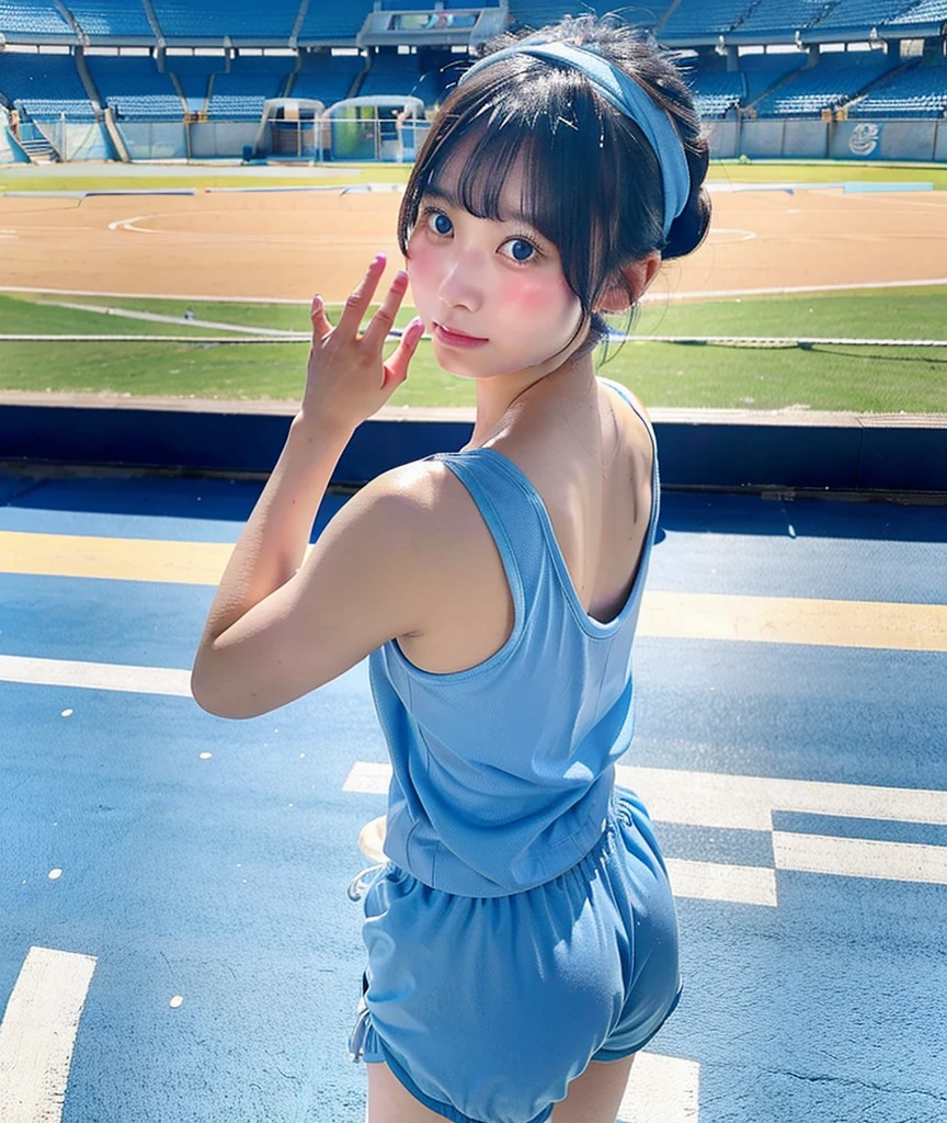 A cute Japanese woman wearing light blue gym clothes、I have sunburn marks on my feet and hands、Short Bob、Headband、Wearing light blue bloomers、Athletics Stadium、Topless、From behind, face turned to the side、