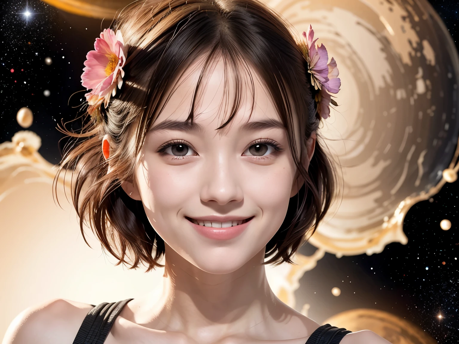 258 19-year-old female, (short hair),(Abstract background,universe), smile, flower