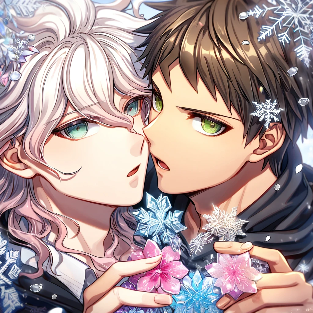 Ultra detailed, HDR, Highres, absurdres, master piece, Hinata Hajime, brown hair, expressive green eyes, Komaeda Nagito, white hair, expressive green-gray eyes, black hoodie, black scarf, Danganronpa, handsome, ice glittering butterflies, ice, petals, ice pink glass flowers, glittering, fantasy, magical, snowflakes, cold, two sexy man together, gay couple, yaoi, love