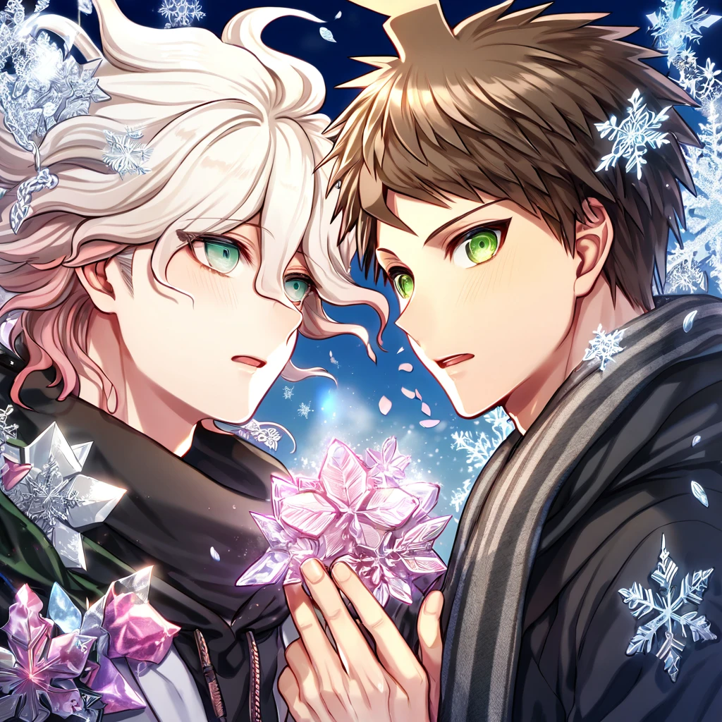 Ultra detailed, HDR, Highres, absurdres, master piece, Hinata Hajime, brown hair, expressive green eyes, Komaeda Nagito, white hair, expressive green-gray eyes, black hoodie, black scarf, Danganronpa, handsome, ice glittering butterflies, ice, petals, ice pink glass flowers, glittering, fantasy, magical, snowflakes, cold, two sexy man together, gay couple, yaoi, love