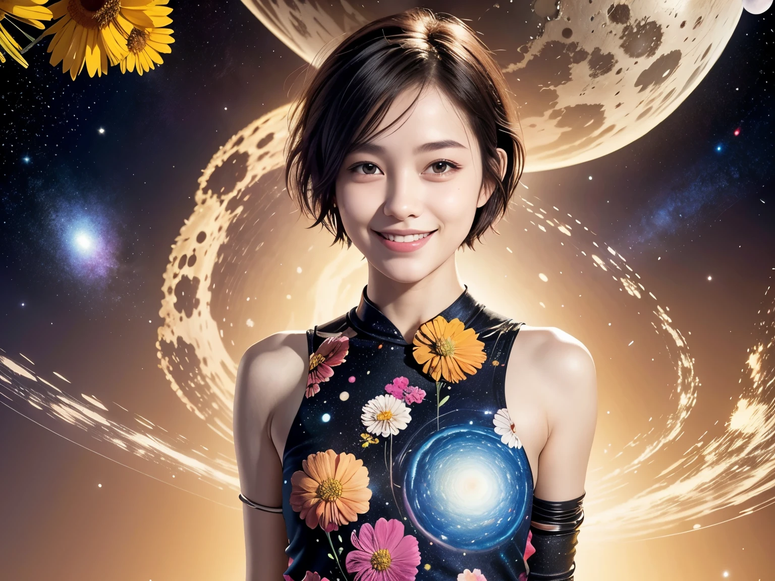 258 19-year-old female, (short hair),(Abstract background,universe), smile, flower