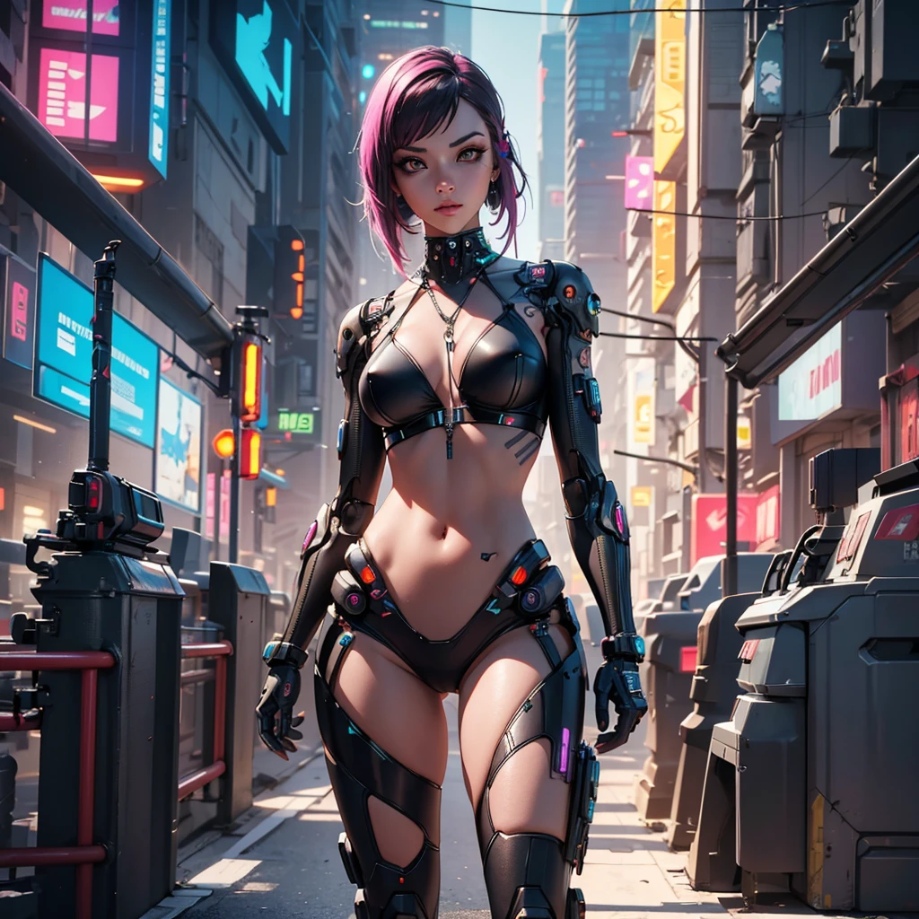 , , cyberpunk Girl , ,full body picture, robot implants, circuit body,thin micro bikini, ,,beautyful face, ,sharp picture, high quality, ultrarealistic, 3D, bigital illustration, Cyberpunk style,