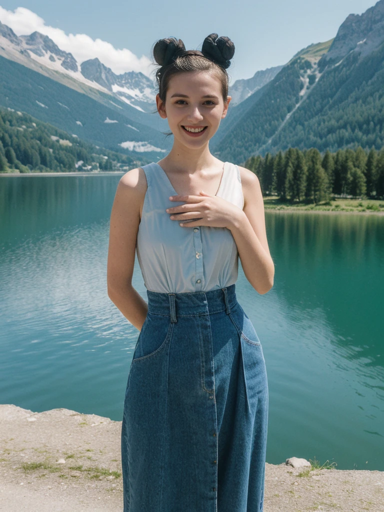 her name is Amelie, high quality, 1girl, ((25-year-old fit Caucasian woman)), ((25 years old)), ((BODY TYPE: HOURGLASS)), ((Space Buns HAIR)), SMILING, pose: STANDING, wearing IN DEMAND FANCY Generation-Z modern wear VARIETY colored, BACKGROUND:"Cruising on the serene lake surrounded by towering mountains and charming Swiss villages."