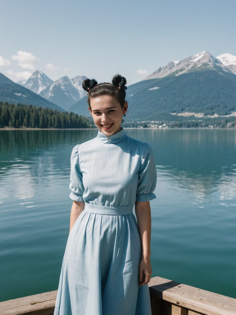 her name is Amelie, high quality, 1girl, ((25-year-old fit Caucasian woman)), ((25 years old)), ((BODY TYPE: HOURGLASS)), ((Space Buns HAIR)), SMILING, pose: STANDING, wearing IN DEMAND FANCY Generation-Z modern wear VARIETY colored, BACKGROUND:"Cruising on the serene lake surrounded by towering mountains and charming Swiss villages."