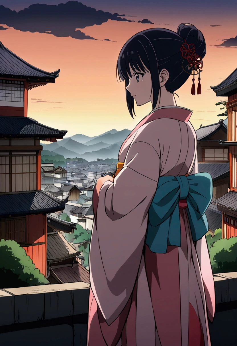 With the city of Kyoto in the background Girl in kimono Anime Style