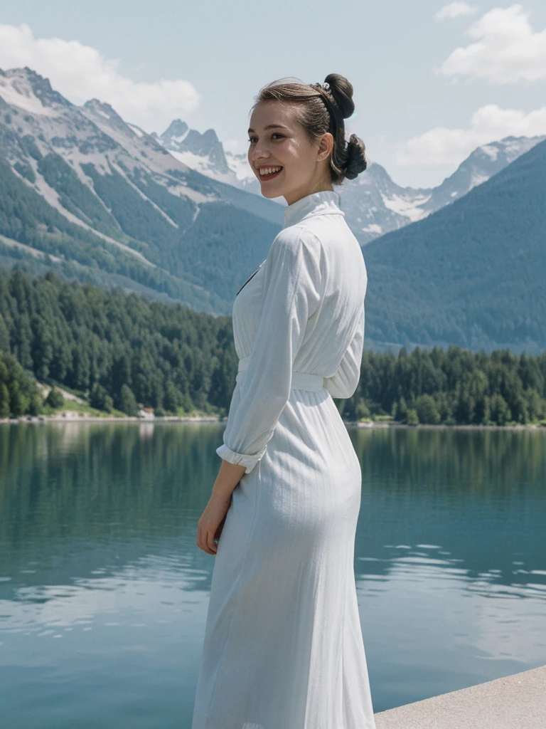 her name is Amelie, high quality, 1girl, ((25-year-old fit Caucasian woman)), ((25 years old)), ((BODY TYPE: HOURGLASS)), ((Space Buns HAIR)), SMILING, pose: STANDING, wearing IN DEMAND FANCY Generation-Z modern wear VARIETY colored, BACKGROUND:"Cruising on the serene lake surrounded by towering mountains and charming Swiss villages."