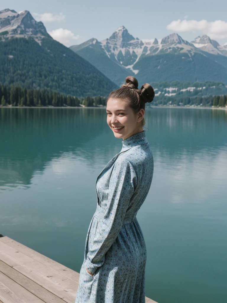 her name is Amelie, high quality, 1girl, ((25-year-old fit Caucasian woman)), ((25 years old)), ((BODY TYPE: HOURGLASS)), ((Space Buns HAIR)), SMILING, pose: STANDING, wearing IN DEMAND FANCY Generation-Z modern wear VARIETY colored, BACKGROUND:"Cruising on the serene lake surrounded by towering mountains and charming Swiss villages."