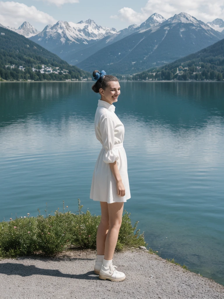 her name is Amelie, high quality, 1girl, ((25-year-old fit Caucasian woman)), ((25 years old)), ((BODY TYPE: HOURGLASS)), ((Space Buns HAIR)), SMILING, pose: STANDING, wearing IN DEMAND FANCY Generation-Z modern wear VARIETY colored, BACKGROUND:"Cruising on the serene lake surrounded by towering mountains and charming Swiss villages."