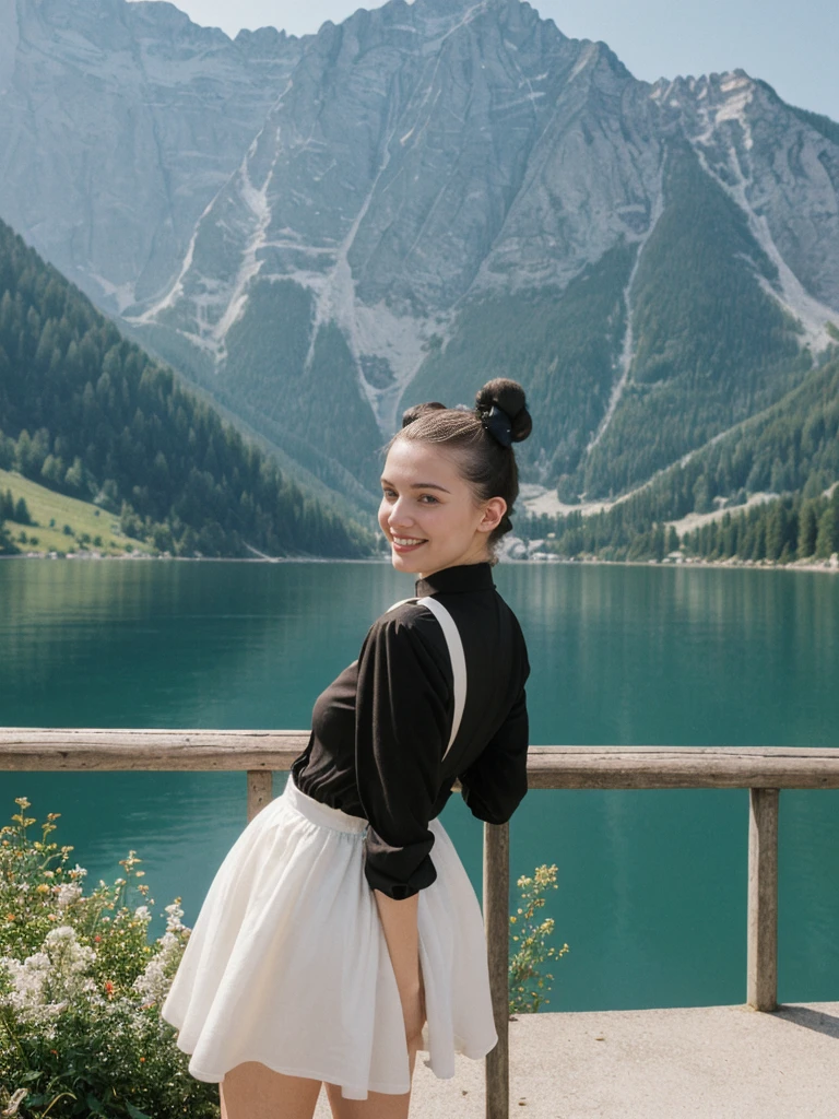 her name is Amelie, high quality, 1girl, ((25-year-old fit Caucasian woman)), ((25 years old)), ((BODY TYPE: HOURGLASS)), ((Space Buns HAIR)), SMILING, pose: STANDING, wearing IN DEMAND FANCY Generation-Z modern wear VARIETY colored, BACKGROUND:"Cruising on the serene lake surrounded by towering mountains and charming Swiss villages."