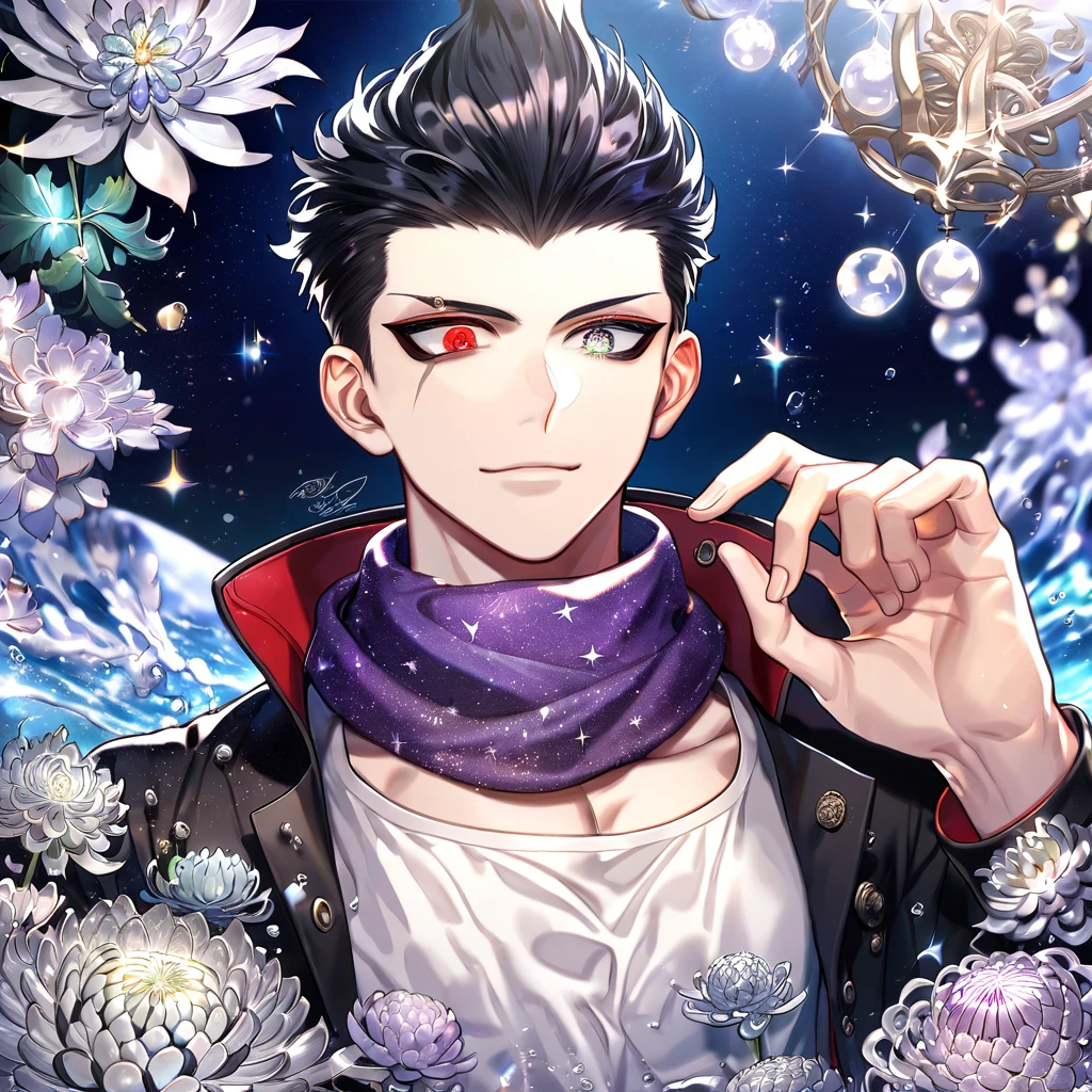 absurdres, highres, ultra detailed, HDR, master piece, best quality, extremely detailed, Gundham Tanaka, black hair, heterochromia, right eye red, left eye gray, Danganronpa 2, solo, sexy man, handsome, smile, sensual, purple scarf, black coat, white T-shirt, fantasy, water, sparkling, silver glittering fireflies, silver moon, silver blossoms, silver chrysanthemums, silver sparkling lights, starry sky, magical