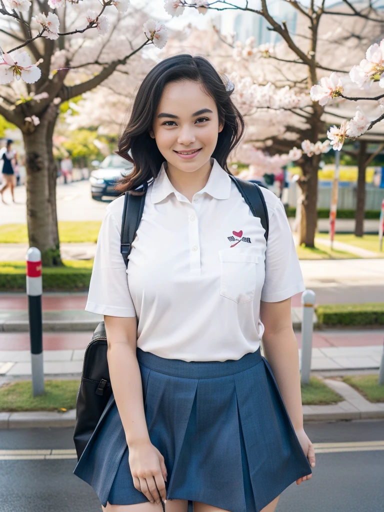 1girl, solo, (Indonesian_high_school_uniform), sitting, cute pose, (ultra wide angle shot: 1.4), beautiful scenery, detailed face, little smile, beautiful eyes, thick breasts, slim body, smooth realistic skin, tight short sleeve white shirt, grey-blue tight miniskirt, looking at the audience, low angle shot,(8k, RAW photo, best quality, masterpiece: 1.2), (realistic, realistic: 1.37), ultra-high resolution, super detailed, Cherry blossoms falling in the background,In front of a pedestrian crossing,A girl standing upright with her legs shoulder-width apart, Beautiful face in every detail, ideal skin, gentle expression, Front view, angle from below, realistic, cute, short skirt, Crouch deep in the city, whole body, smile, collared shirt,put the backpack aside