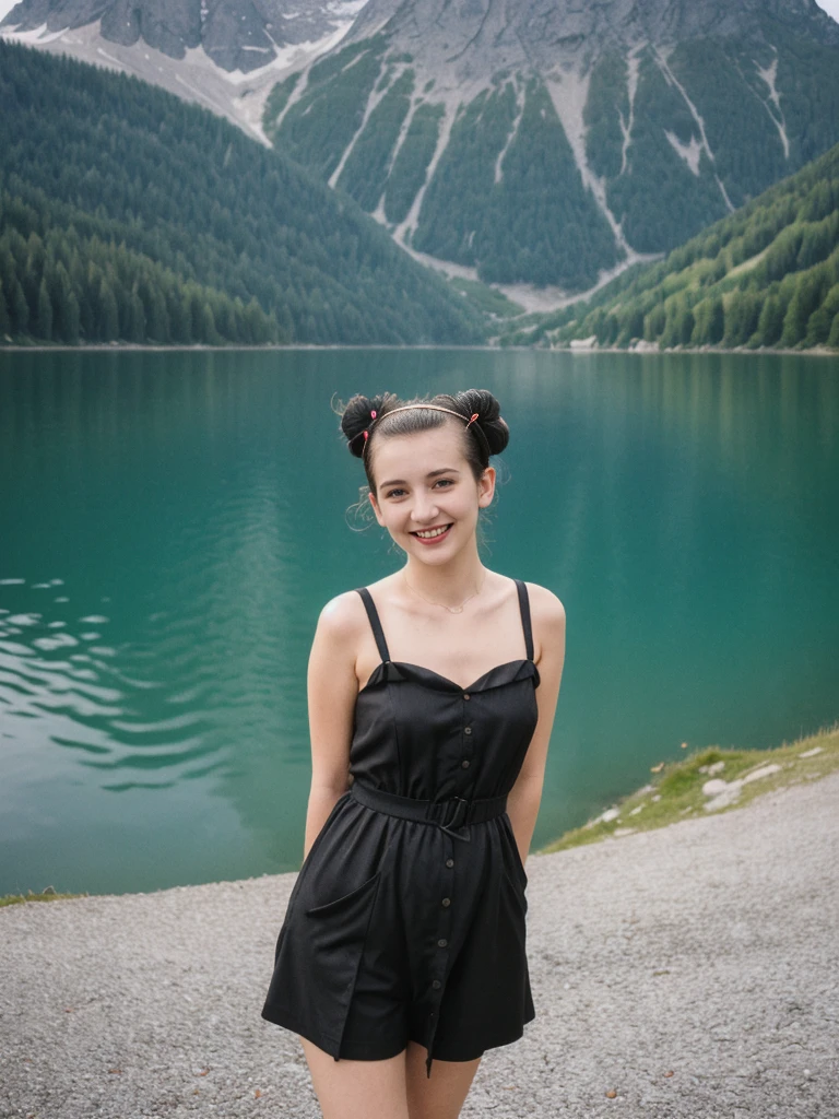 her name is Amelie, high quality, 1girl, ((25-year-old fit Caucasian woman)), ((25 years old)), ((BODY TYPE: HOURGLASS)), ((Space Buns HAIR)), SMILING, pose: STANDING, wearing IN DEMAND FANCY Generation-Z modern wear VARIETY colored, BACKGROUND:"Cruising on the serene lake surrounded by towering mountains and charming Swiss villages."