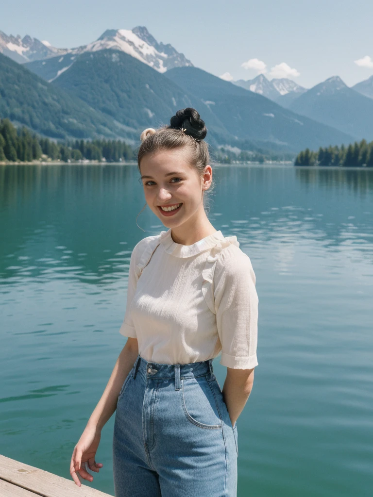 her name is Amelie, high quality, 1girl, ((25-year-old fit Caucasian woman)), ((25 years old)), ((BODY TYPE: HOURGLASS)), ((Space Buns HAIR)), SMILING, pose: STANDING, wearing IN DEMAND FANCY Generation-Z modern wear VARIETY colored, BACKGROUND:"Cruising on the serene lake surrounded by towering mountains and charming Swiss villages."