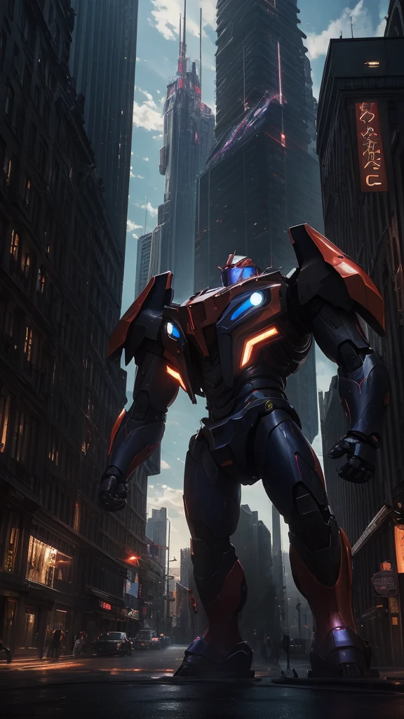 hyper realistic image, Masterpiece 4K esens cinematic sci-fi, Giant robot Evangelion style anime series, walking between the buildings of a city, made of polished steel with bright chrome colors, light and sparkle effects
