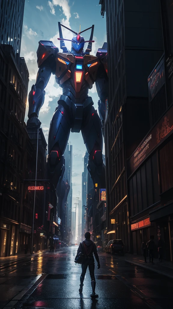 hyper realistic image, Masterpiece 4K esens cinematic sci-fi, Giant robot Evangelion style anime series, walking between the buildings of a city, made of polished steel with bright chrome colors, light and sparkle effects